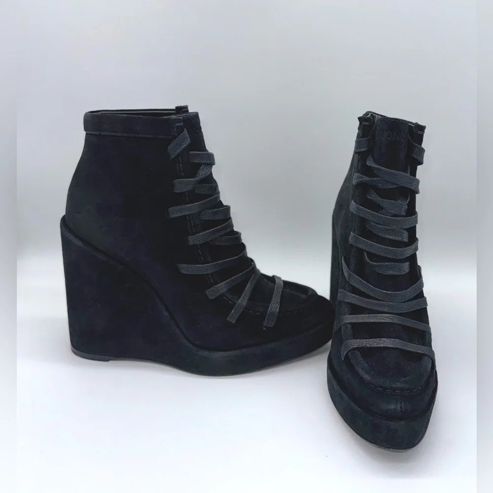 MONCLER Suzanne Women's Black Suede Wedge Ankle Booties Size: 8 (Runs small)